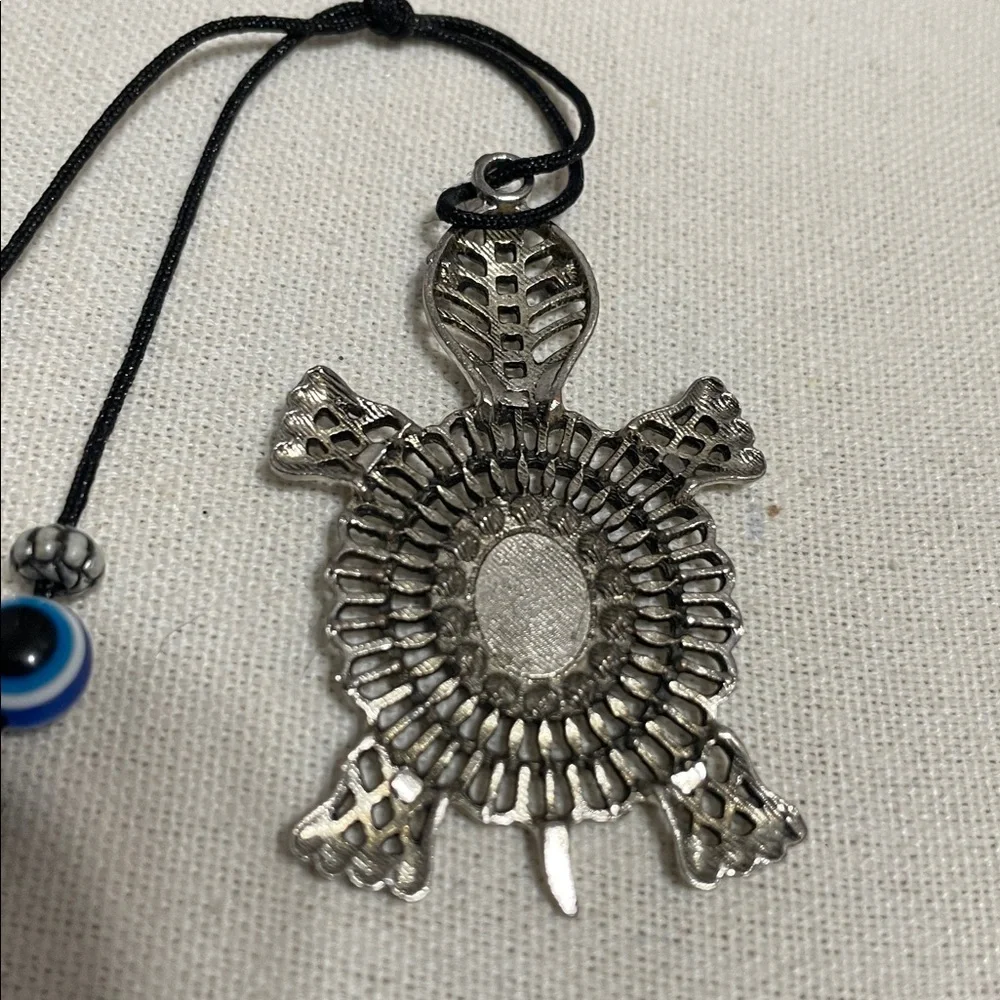 Silver Turtle Evil Eye Pendant Necklace - Blue Accent